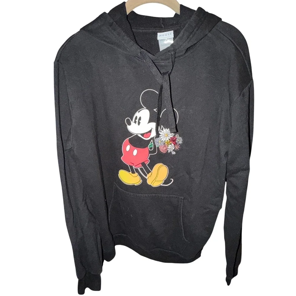 Disney Mickey Mouse Hoodie Women XL Black Excellent Floral Graphic Sweatshirt